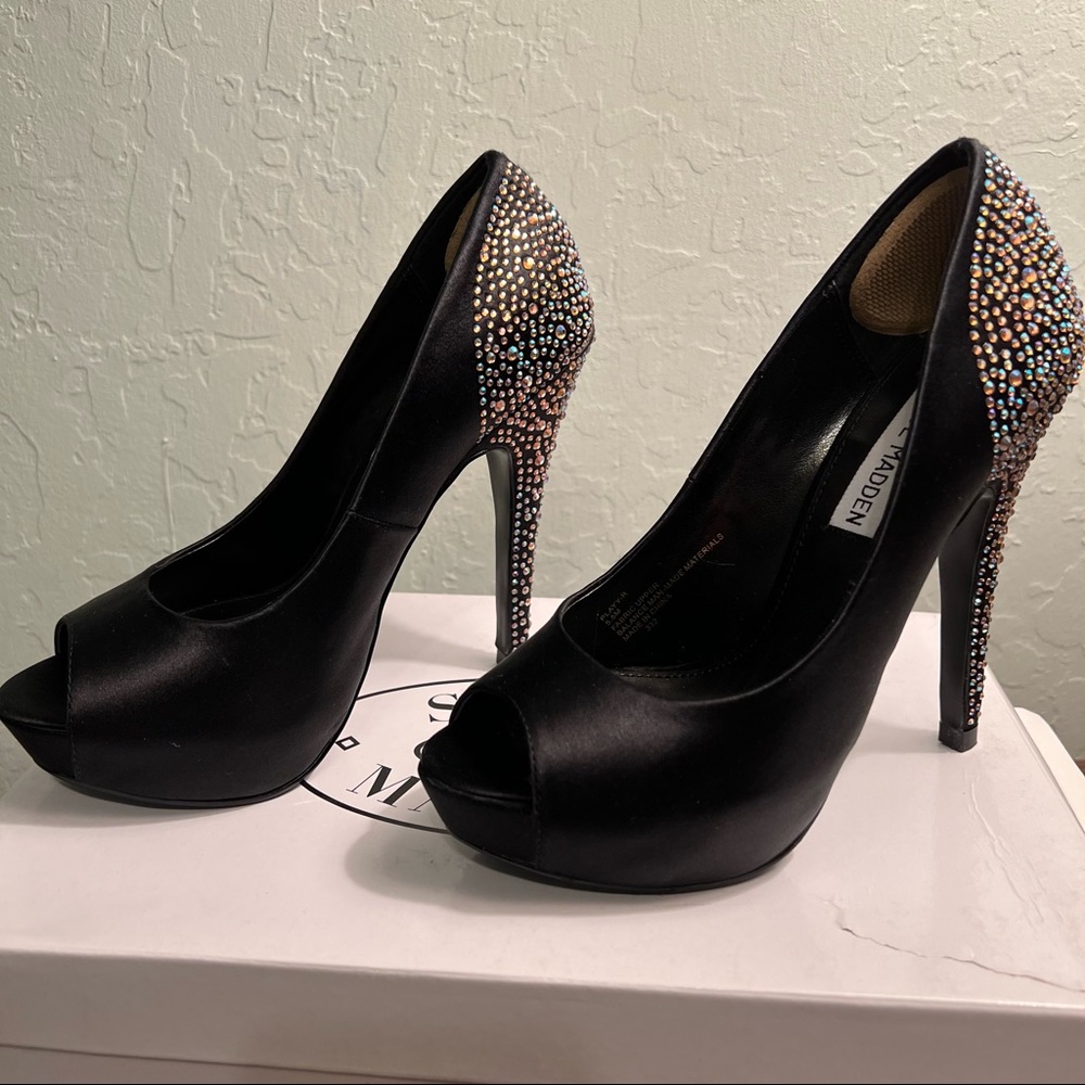 Steve Madden Playy-R Black Satin Platform Pump Heel Open Toe